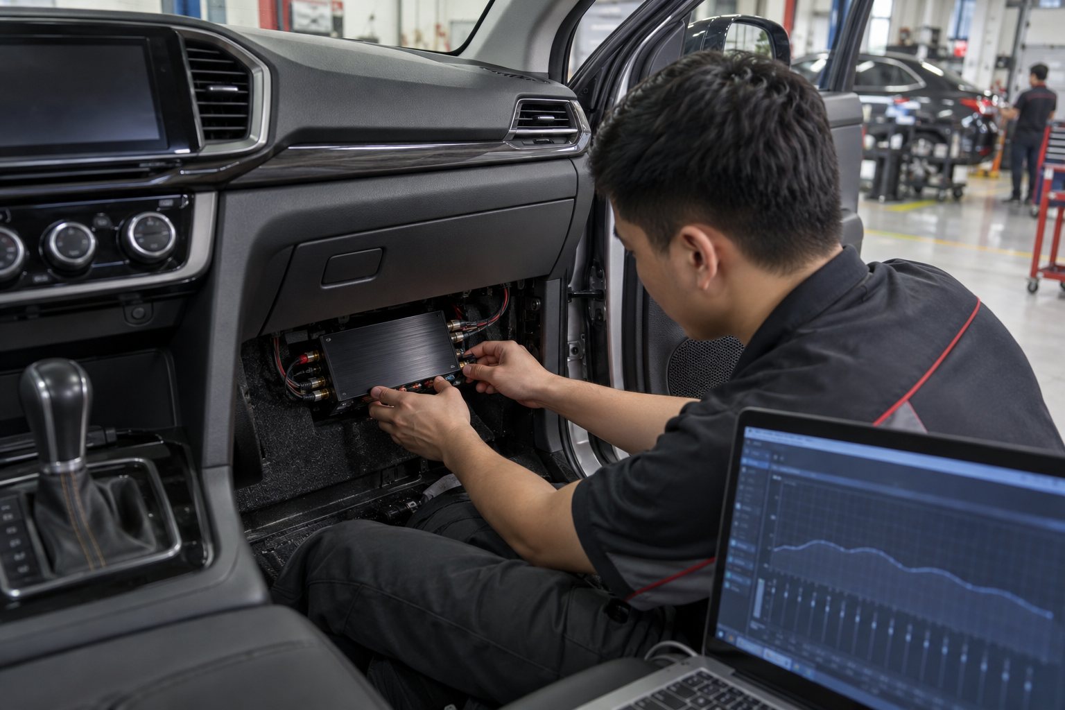 Kỹ thuật viên cân chỉnh bộ xử lý DSP theo hệ thống âm thanh trong xe